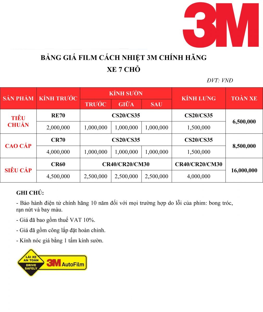 Bảng giá dán phim cách nhiệt 3M chính hãng cho xe 7 chỗ