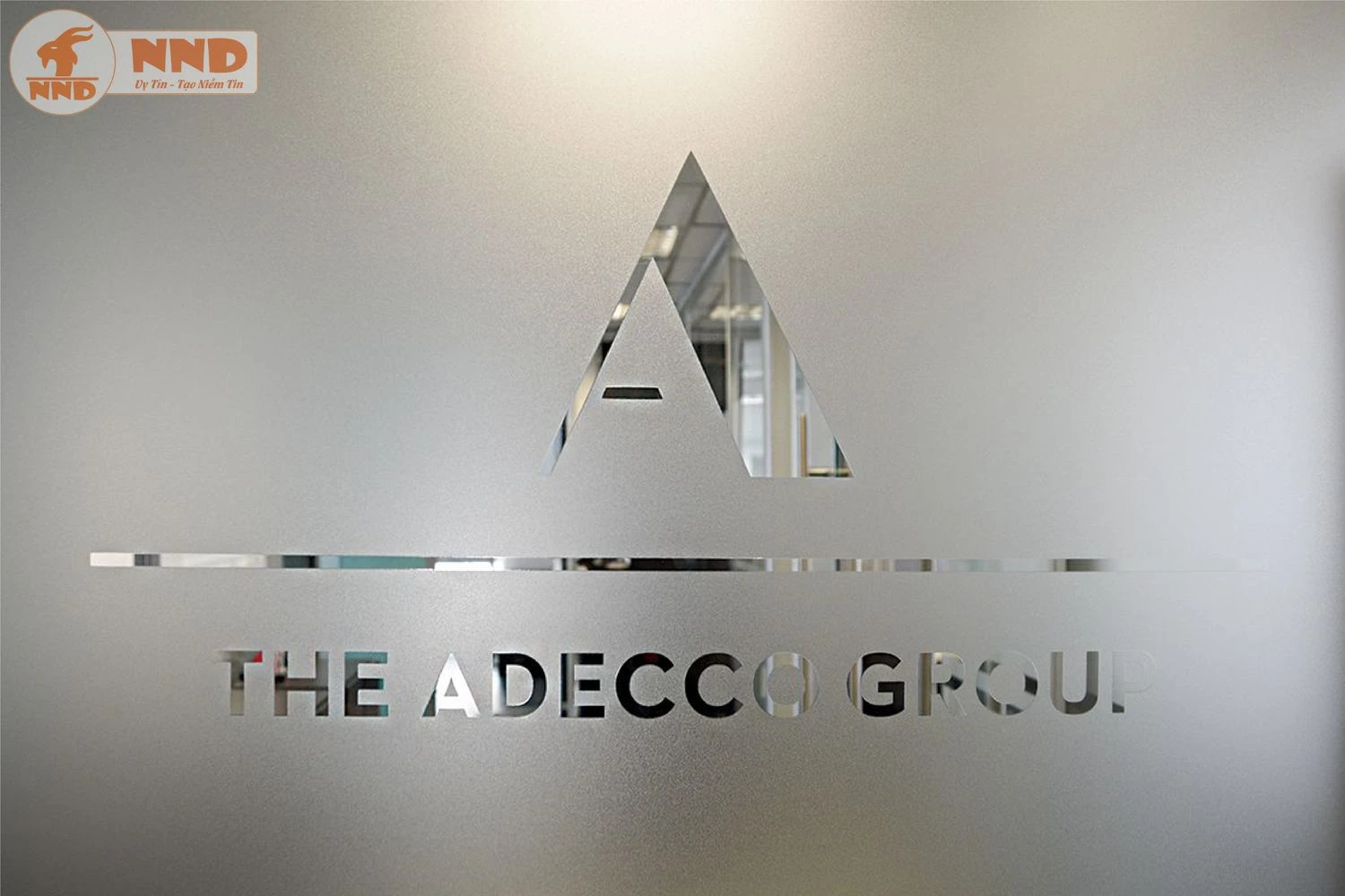 Cửa kính văn phòng thêm chuyên nghiệp với logo cắt trên nền mờ.