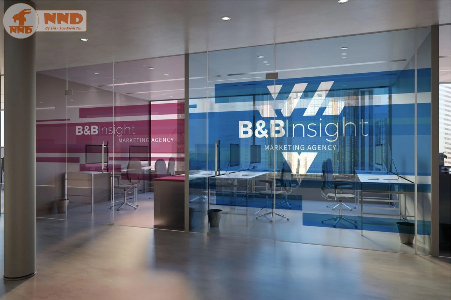 Cửa kính văn phòng thêm chuyên nghiệp với logo cắt trên nền mờ.