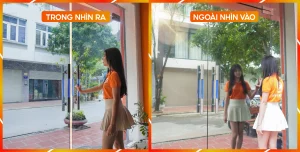 Giấy dán kính 1 chiều - Bên ngoài nhìn vào như soi gương. Bên trong nhìn ra bình thường.