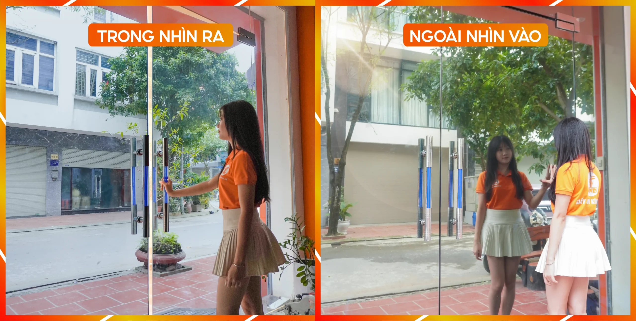 Giấy dán kính 1 chiều - Bên ngoài nhìn vào như soi gương. Bên trong nhìn ra bình thường.