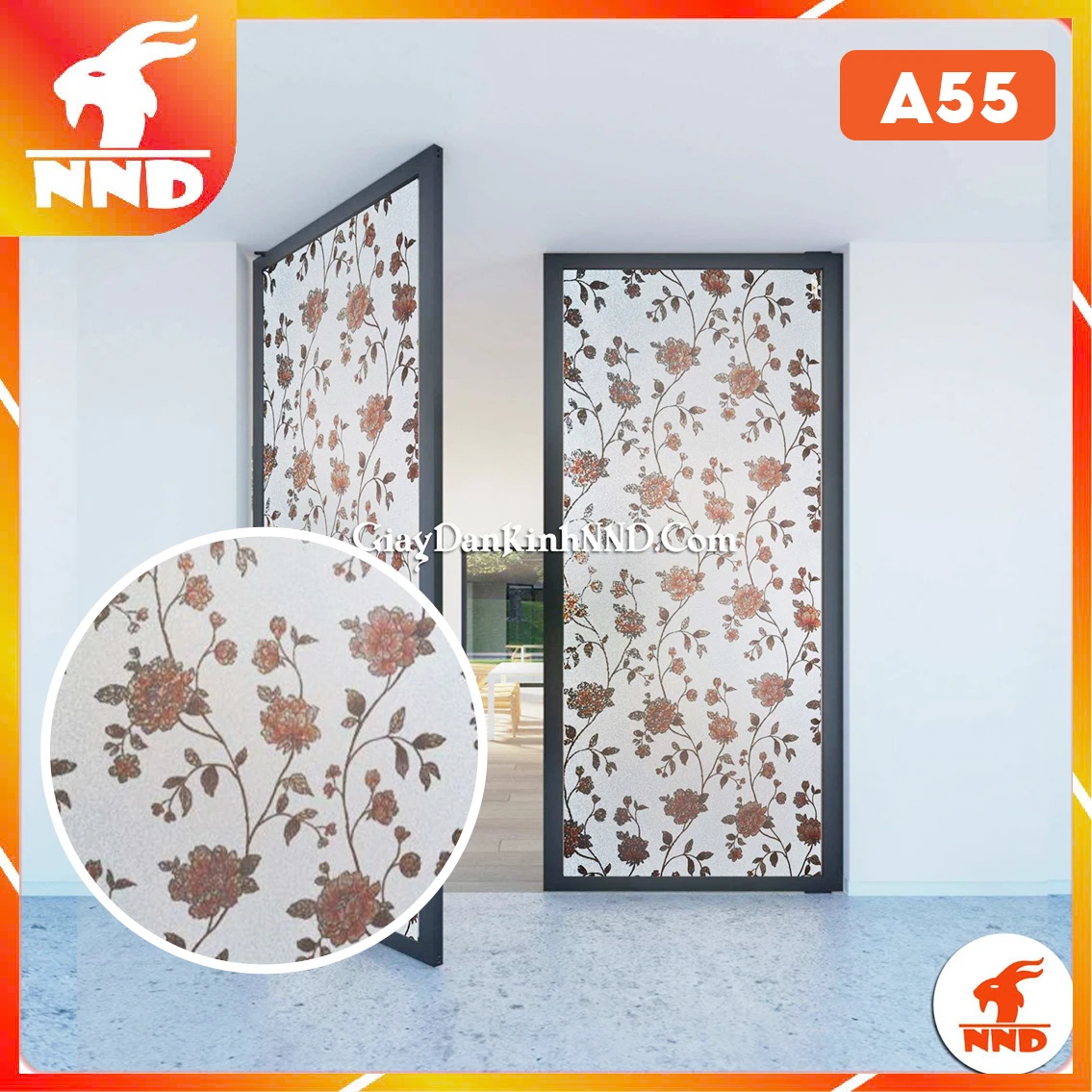 Giấy dán kính trang trí mã A55 là mẫu giấy dán kính 3D đẹp nhất và được ưa chuộng bậc nhất tại Kho giấy dán kính NND