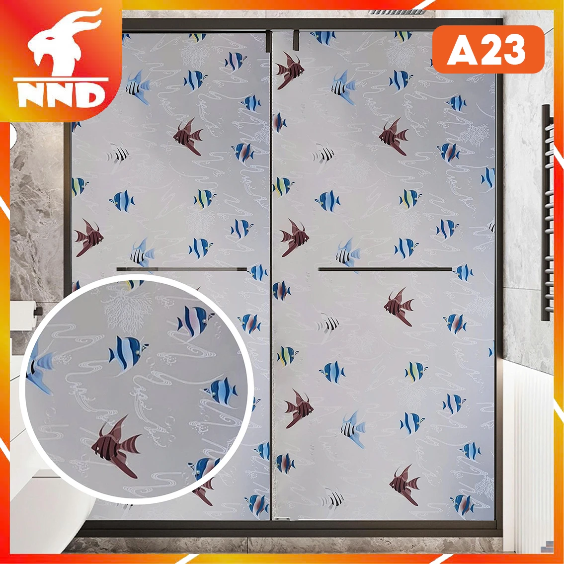 Giấy dán kính trang trí mã A23 là mẫu giấy hình những con cá cảnh đang bơi lội