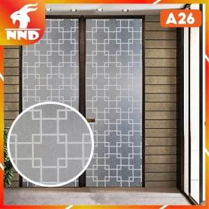 Đây là mẫu giấy dán kính trang trí A26, có họa tiết giống với mẫu A25, nhưng có tông màu trắng, trên nền giấy vân mờ, với sự kết hợp đan xen của các hình ô vuông màu trắng với nhau đã mang đến cho người nhìn cảm giác thoáng mát và dễ chịu