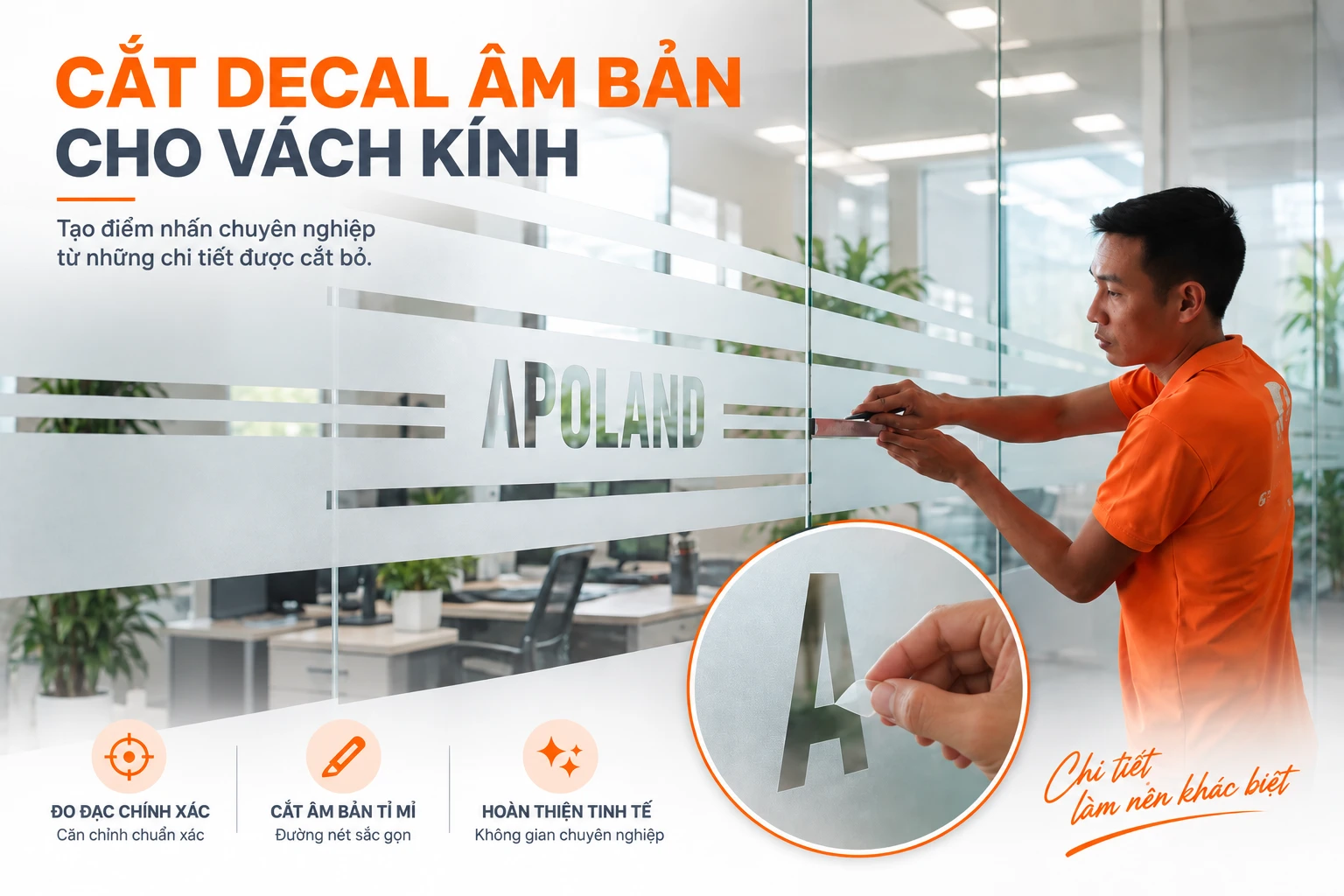 Cắt decal âm bản tạo logo trên vách kính