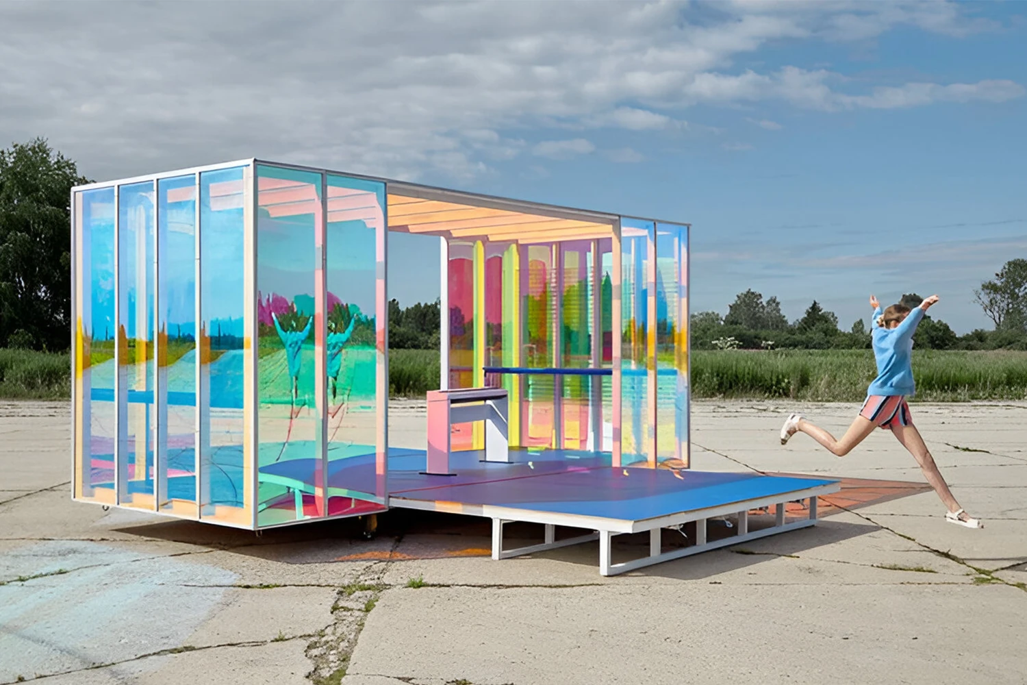 Vách kính sử dụng phim đổi màu kính Colorful blue