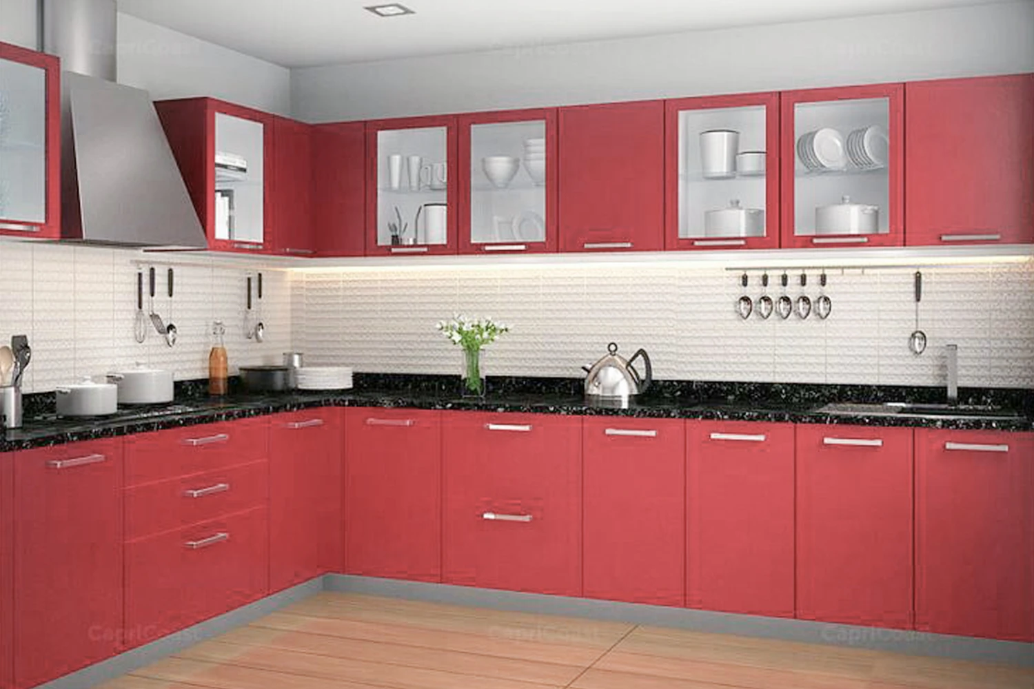 Phối hợp Đỏ Cam với màu đen/xám và vân gỗ để đạt được vẻ ngoài hiện đại, sang trọng và có chiều sâu.