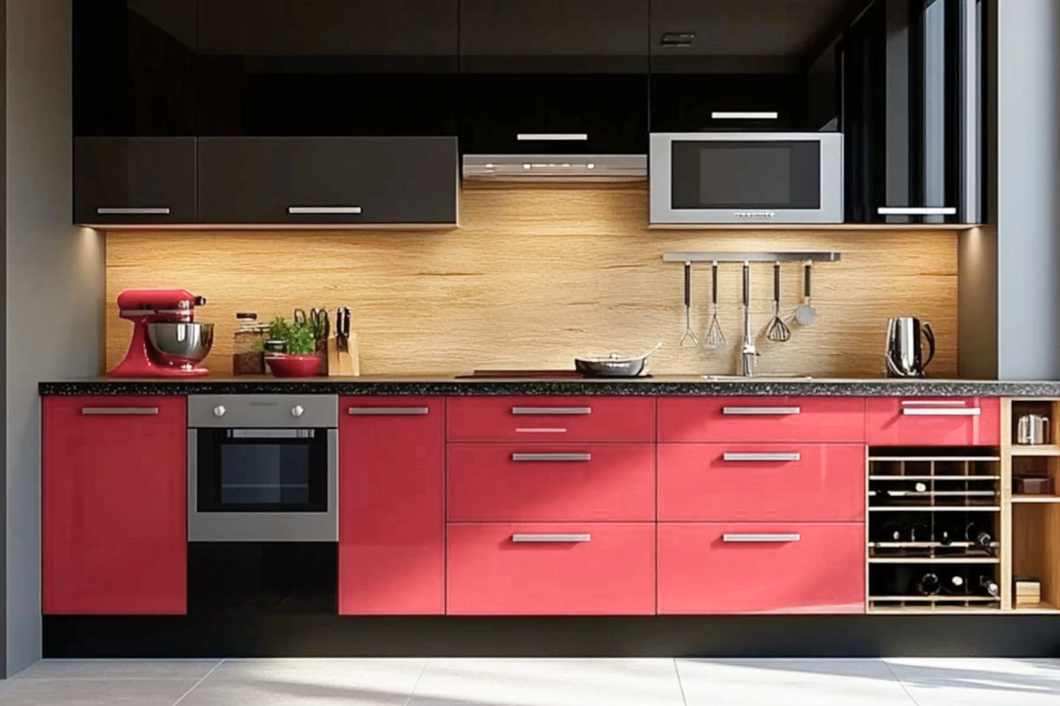 Sang Trọng Khác Biệt: Màu Đỏ Cam này dễ dàng tạo nên sự sang trọng khi kết hợp với tủ trên vân gỗ và mặt đá đen.