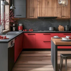 Sang Trọng Khác Biệt: Màu Đỏ Cam này dễ dàng tạo nên sự sang trọng khi kết hợp với tủ trên vân gỗ và mặt đá đen.