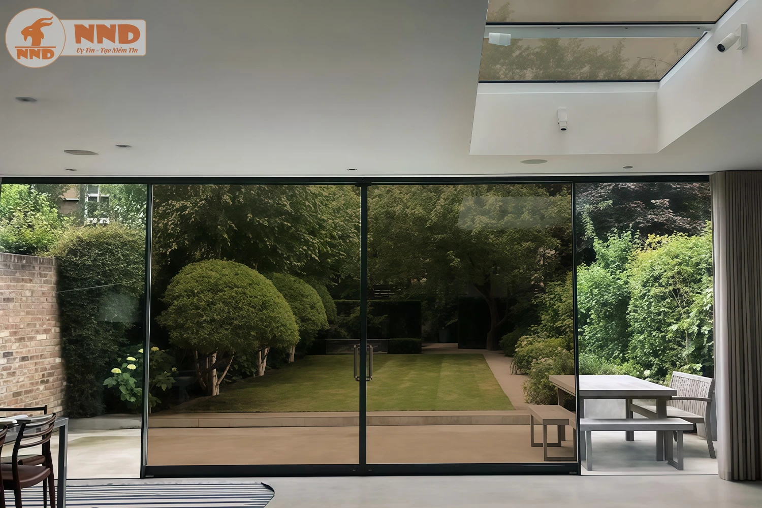 Cửa kính trượt lớn dán mẫu BC-20T nhìn ra khu vườn xanh mướt