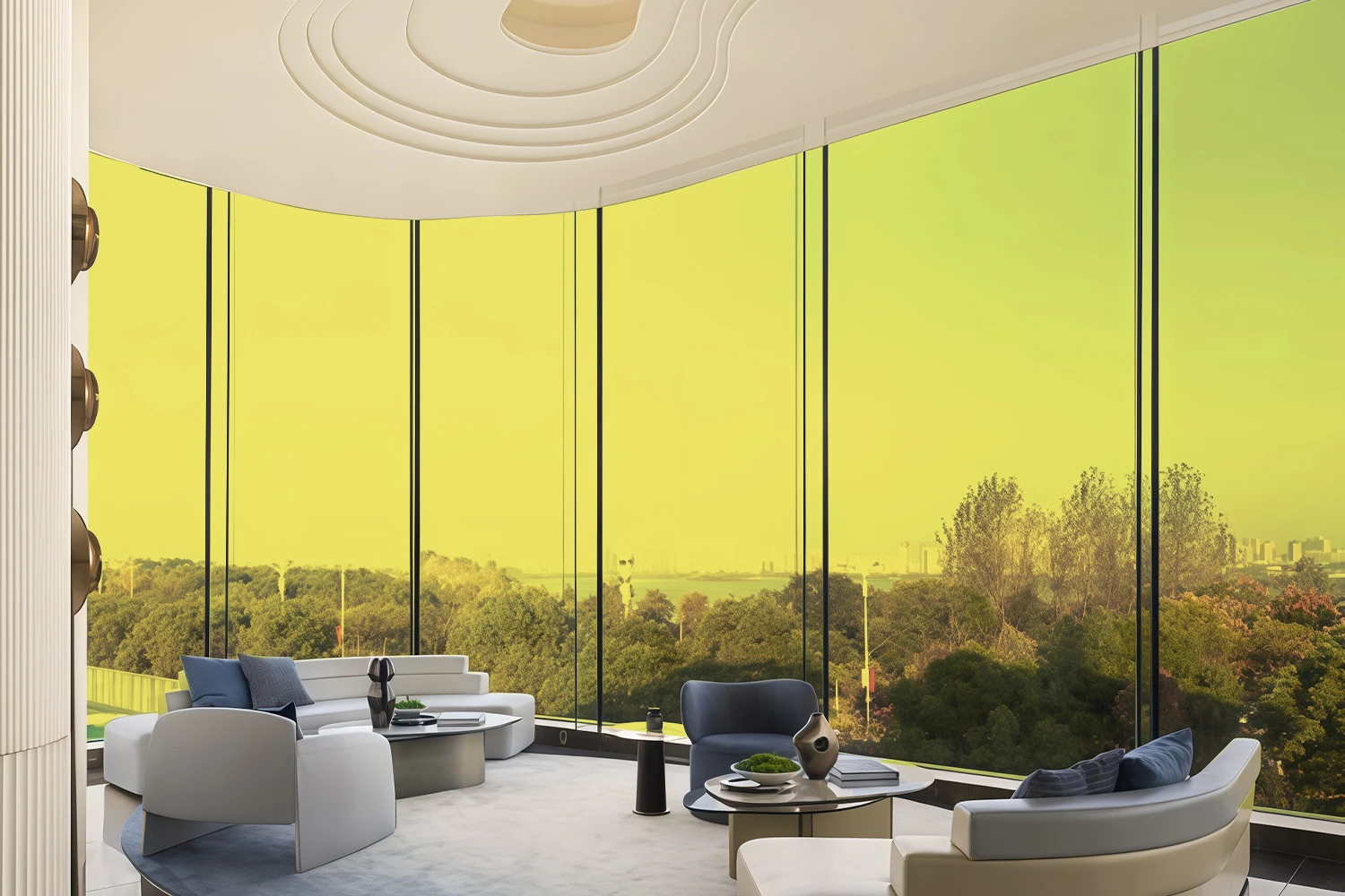 Kính phòng khách sang trọng với view thành phố