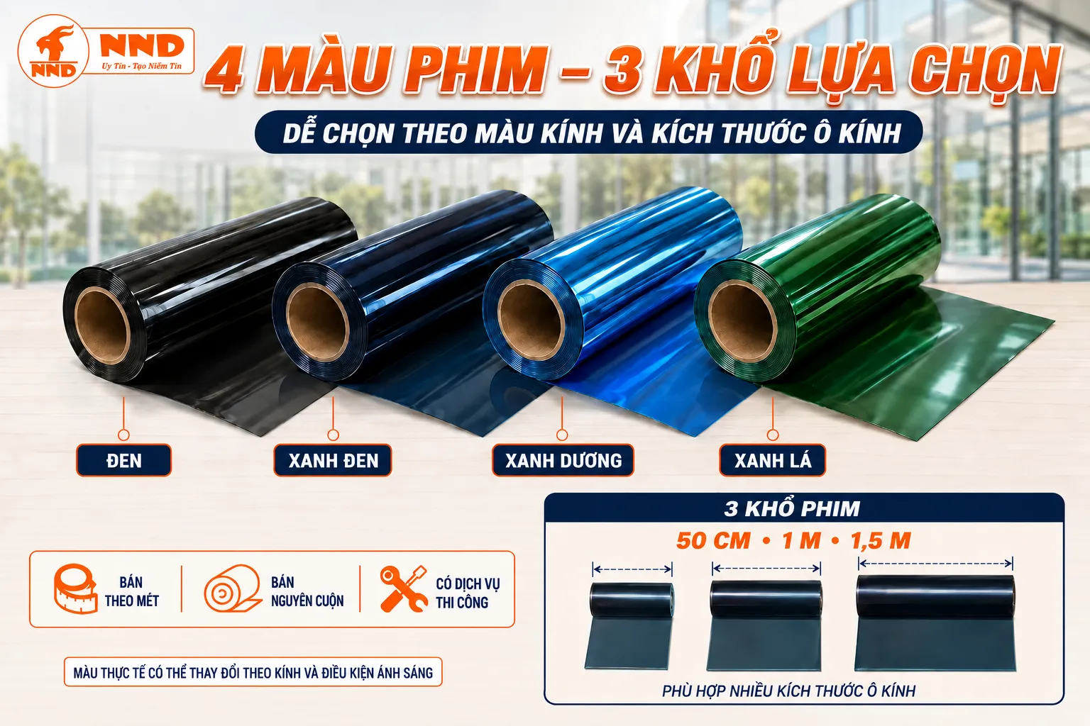 Bốn màu phim phản quang và ba khổ phim hiện có tại NND
