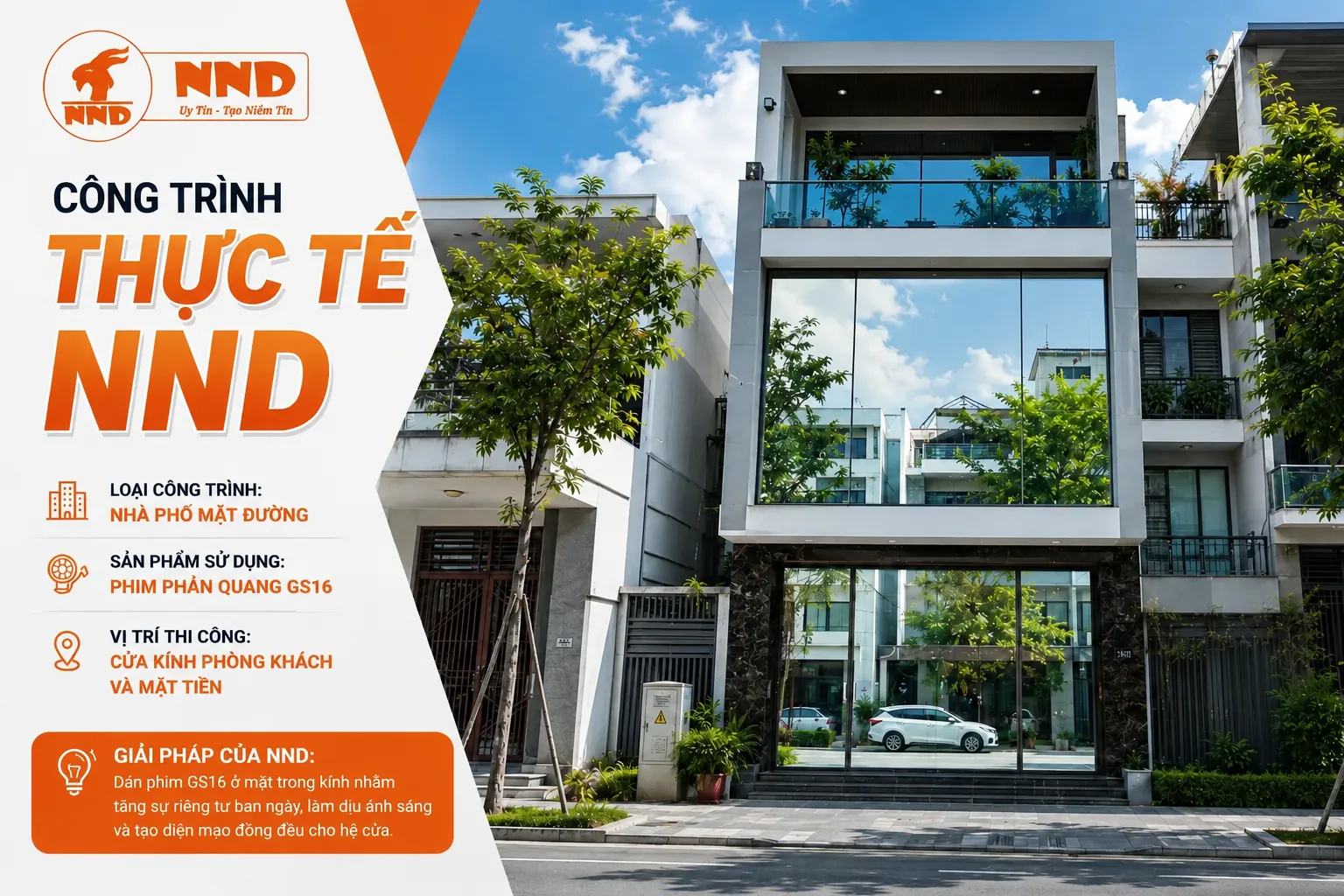 Công trình nhà phố mặt đường dán phim phản quang GS16