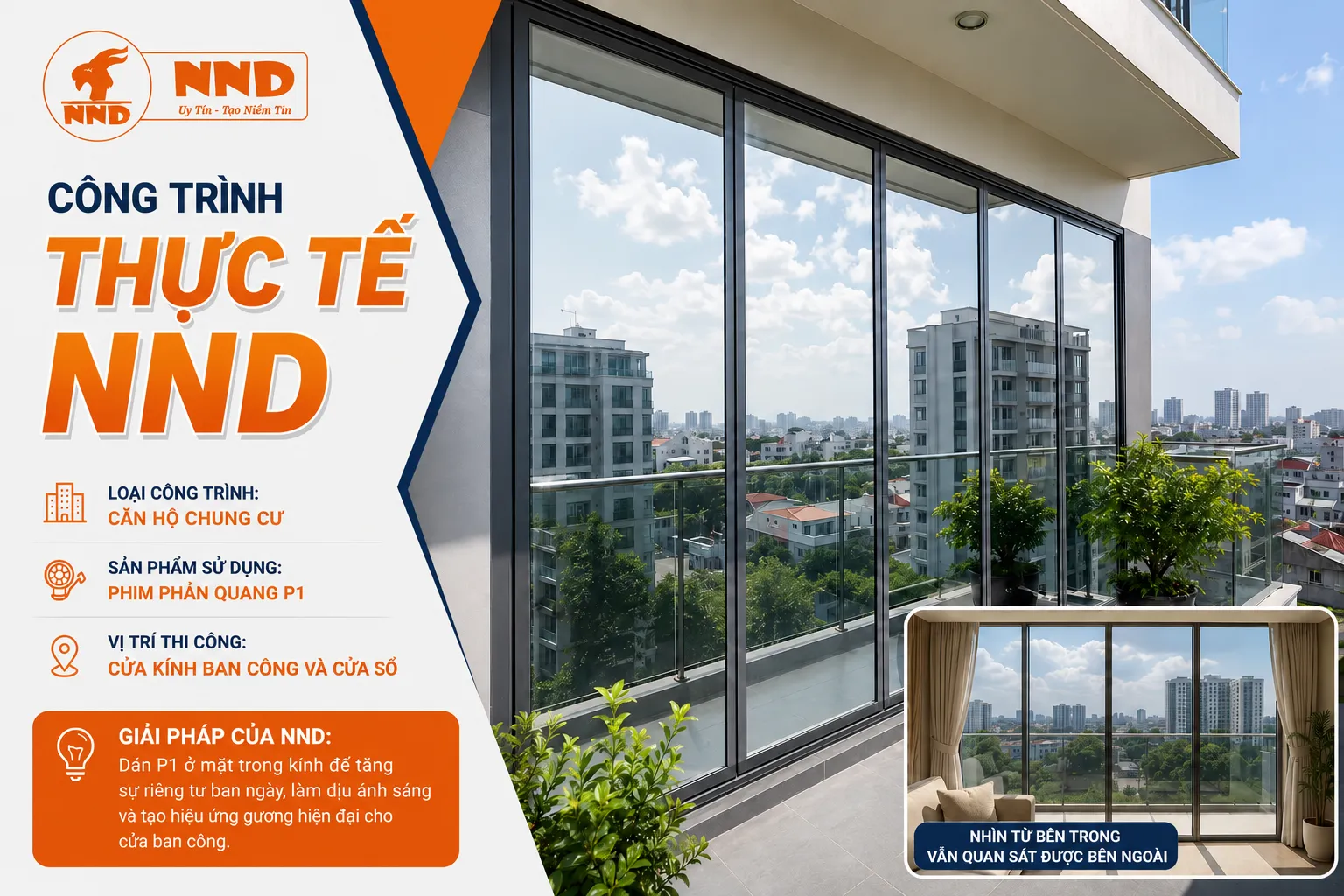 Cửa kính ban công căn hộ dán phim phản quang P1