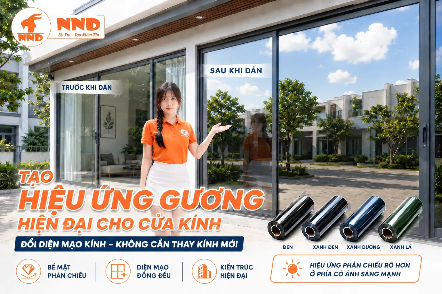 Hiệu ứng gương hiện đại của cửa kính sau khi dán phim phản quang