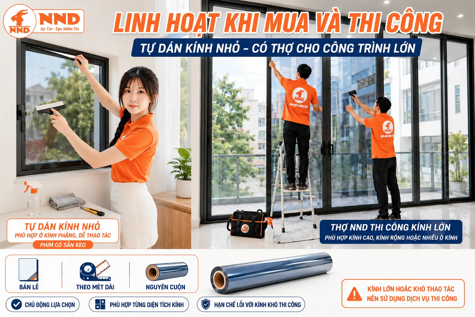 Khách tự dán kính nhỏ và thợ NND thi công hệ kính lớn