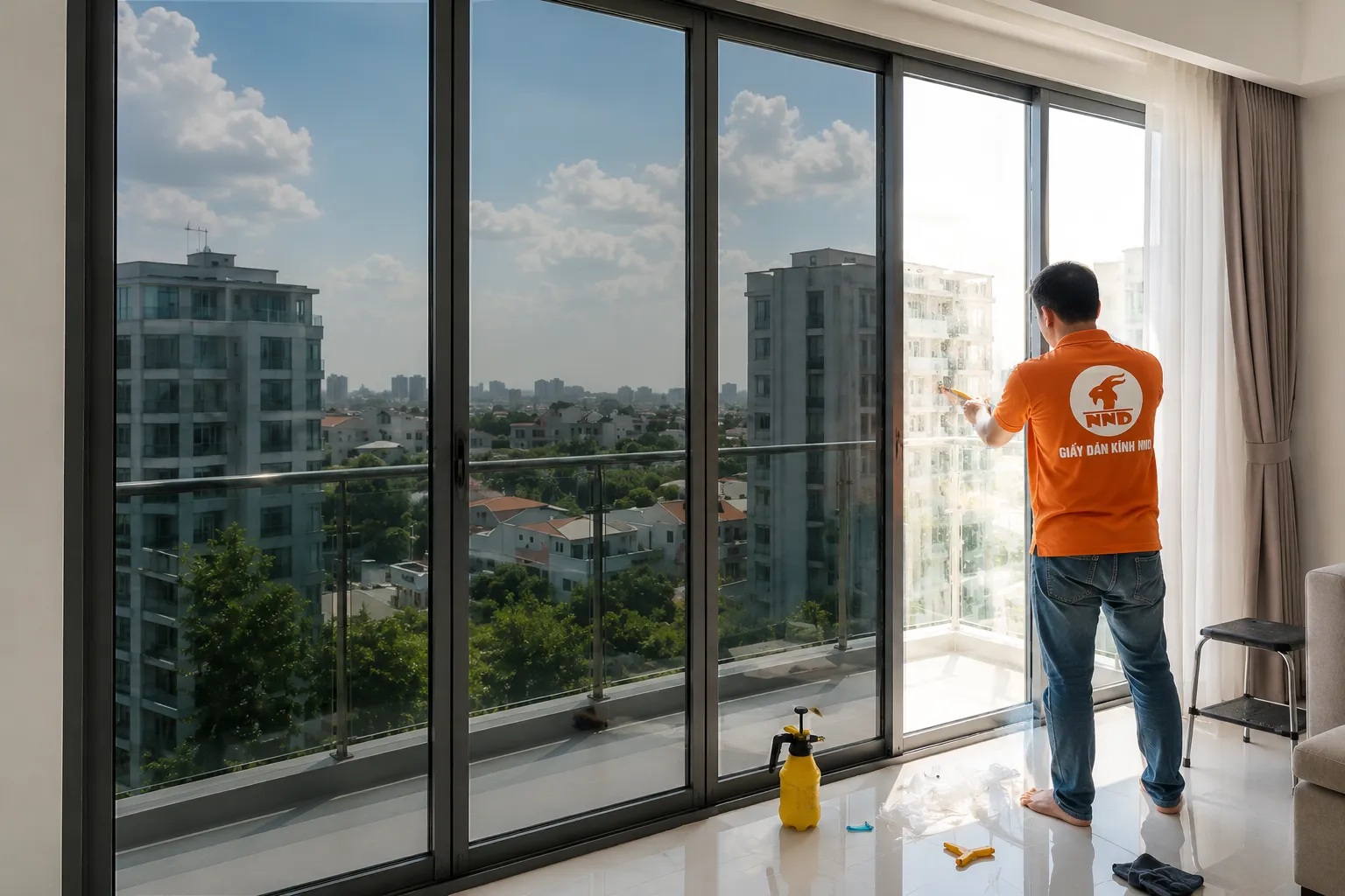 NND thi công phim P1 tại cửa kính ban công chung cư