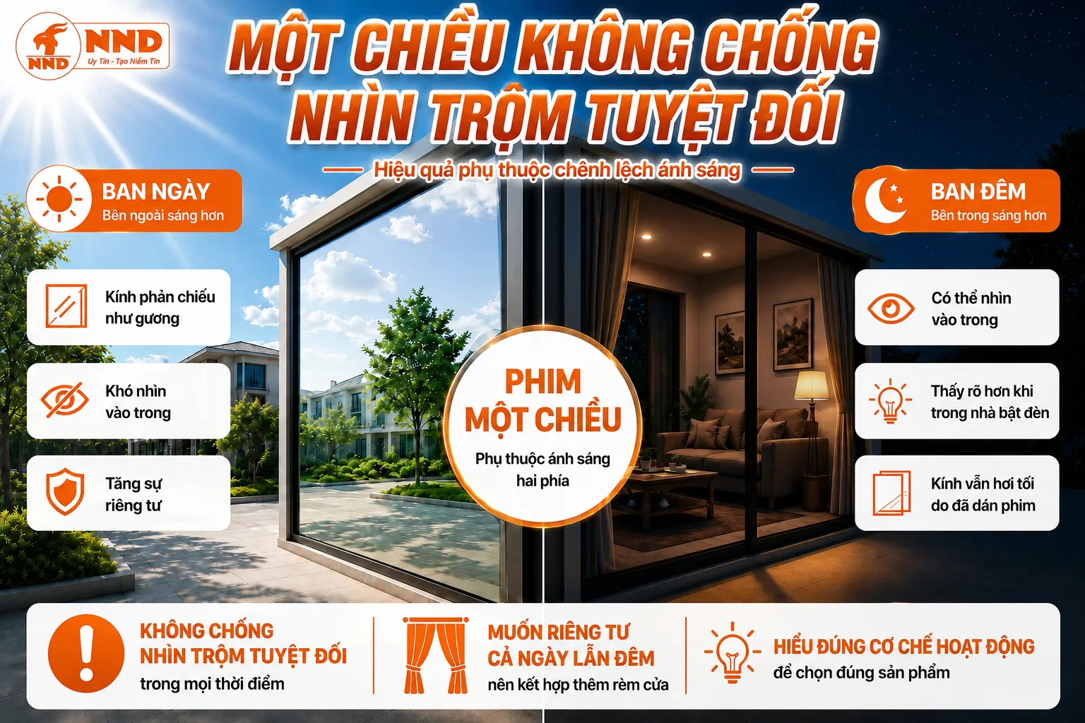 So sánh hiệu ứng giấy dán kính 1 chiều vào ban ngày và ban đêm