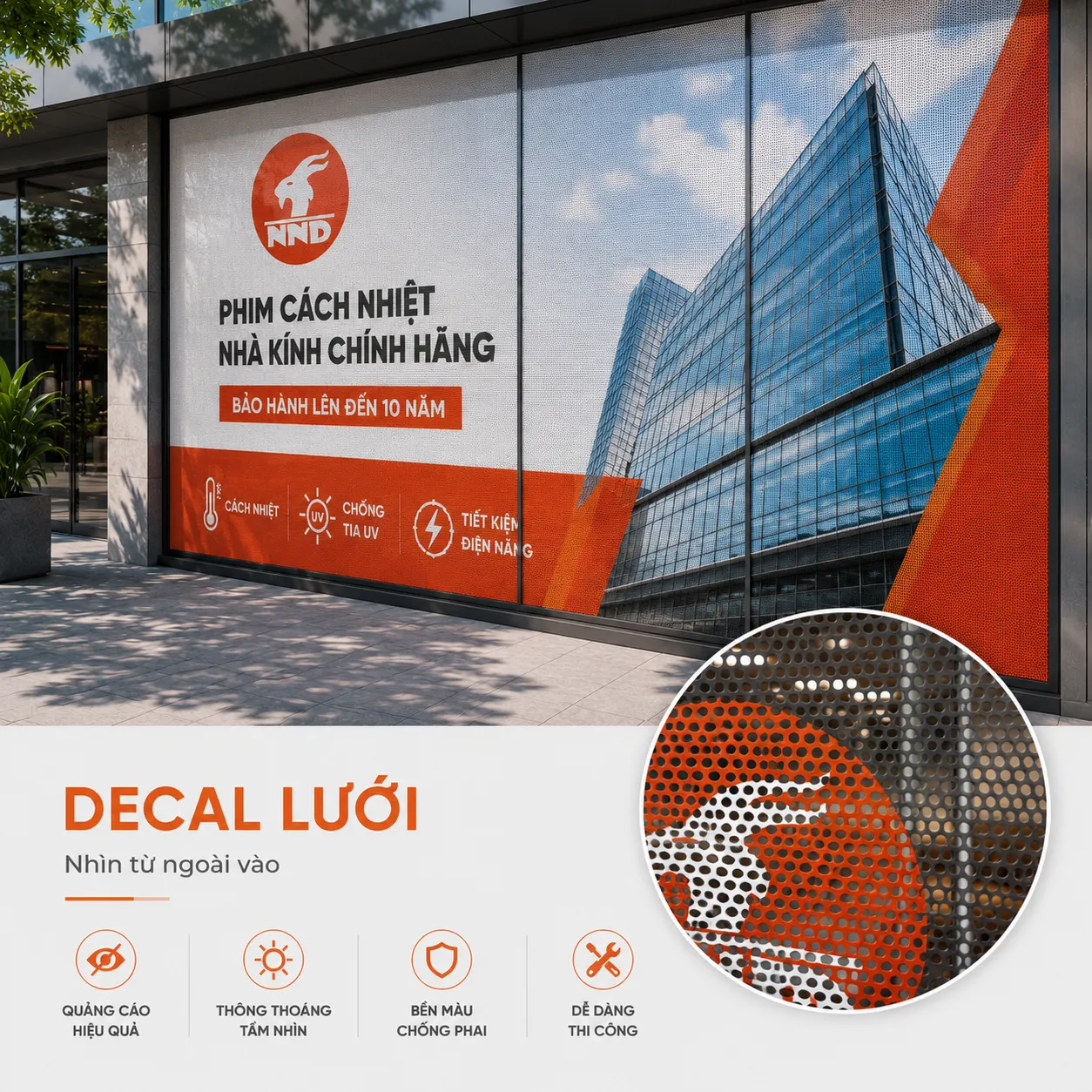 Decal lưới in quảng cáo dán kính mặt tiền tòa nhà