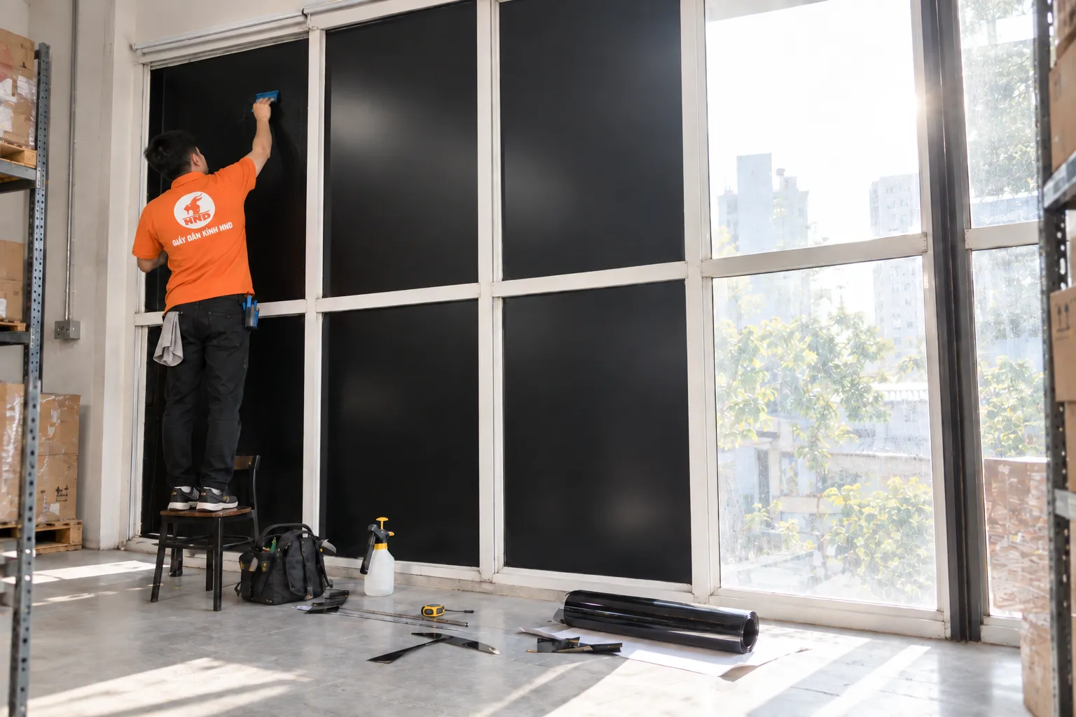 Thợ NND thi công decal đen trên hệ cửa kính