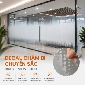 Hiệu ứng chấm bi chuyển sắc tạo cảm giác mềm mại, tăng tính riêng tư mà vẫn giữ không gian thông thoáng và sang trọng.
