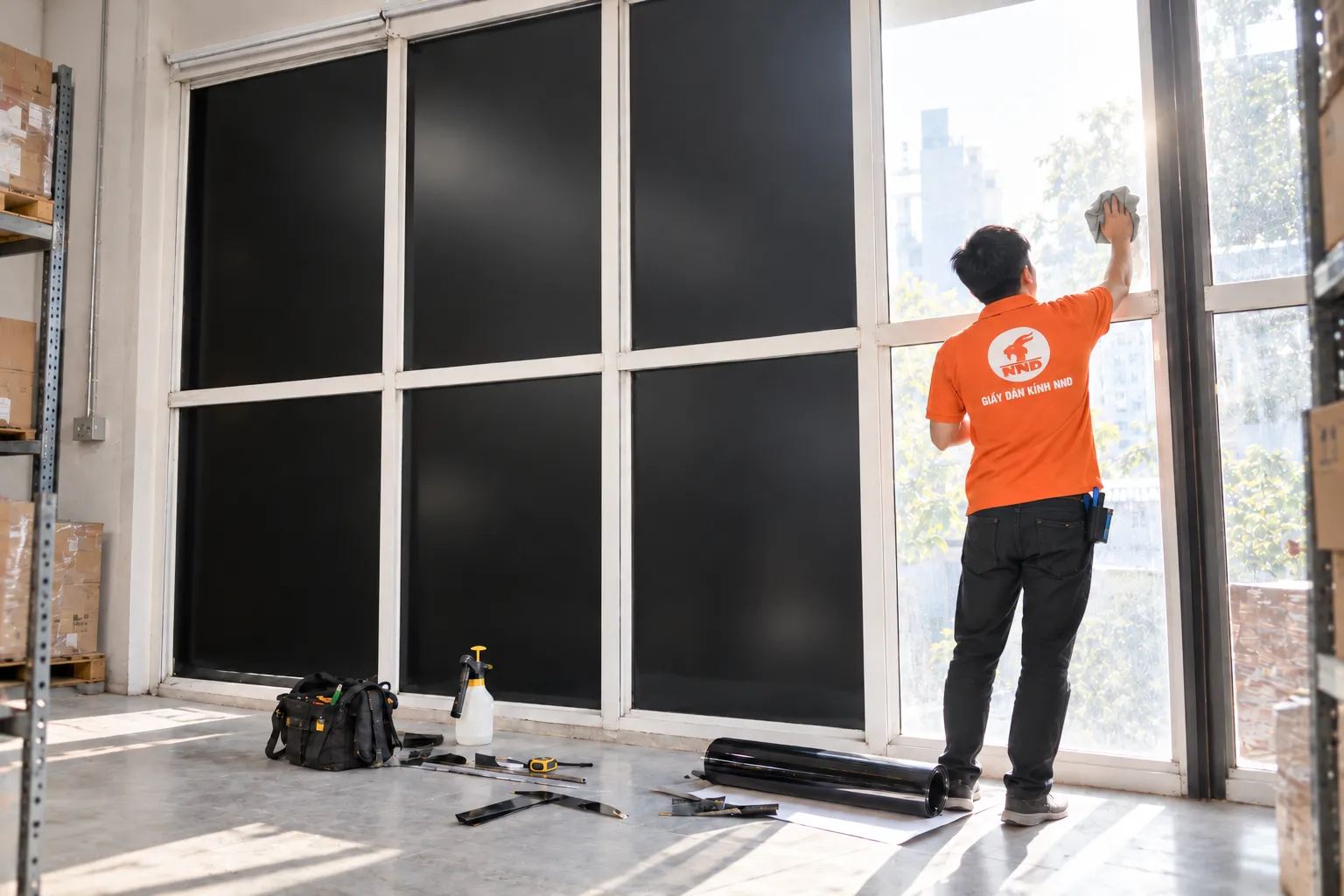 Thợ NND vệ sinh kính trước khi dán decal đen