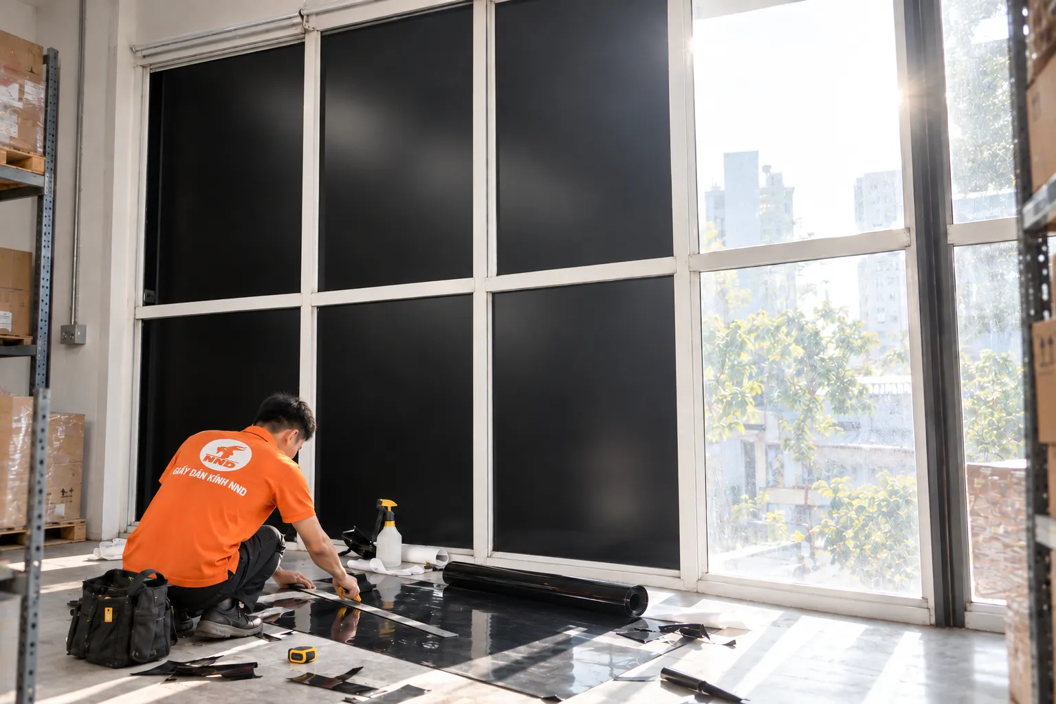 Thợ NND cắt decal đen trong quá trình thi công