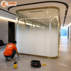 Thi công phim dán kính Gradient trên hệ vách kính cong cao cấp. Hiệu ứng chuyển sắc giúp tôn lên đường nét kiến trúc mềm mại của công trình, đồng thời tạo không gian riêng tư mà không gây cảm giác bí bách.