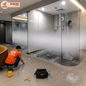 Hoàn thiện công trình phim dán kính Gradient trên hệ phòng họp kính. Hiệu ứng chuyển sắc tạo điểm nhấn hiện đại, đồng thời hạn chế tầm nhìn trực diện, nâng cao tính chuyên nghiệp cho môi trường làm việc.