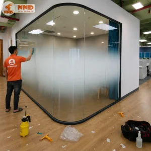 Phim dán kính Gradient được thi công trên phòng họp kính khung nhôm đen. Thiết kế tối giản kết hợp hiệu ứng chuyển sắc mang đến vẻ đẹp tinh tế, tăng tính riêng tư và vẫn đảm bảo khả năng quan sát tổng thể của không gian.