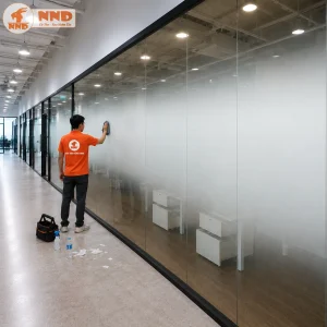 Thi công thực tế phim dán kính hiệu ứng Gradient trên hệ vách kính văn phòng. Hiệu ứng chuyển sắc từ trong suốt sang mờ giúp tăng sự riêng tư cho không gian làm việc nhưng vẫn giữ được ánh sáng tự nhiên, mang đến cảm giác hiện đại, thông thoáng và chuyên nghiệp.