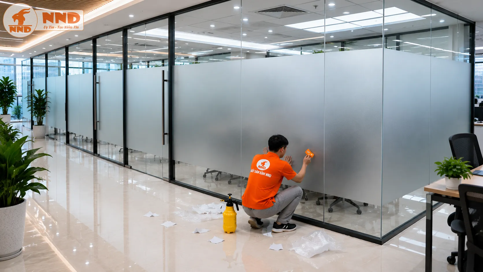Decal mờ trơn kết hợp hoàn hảo với hệ thống vách kính , nâng tầm đẳng cấp không gian doanh nghiệp nhờ khả năng tán sáng nhẹ nhàng và che chắn thông minh.