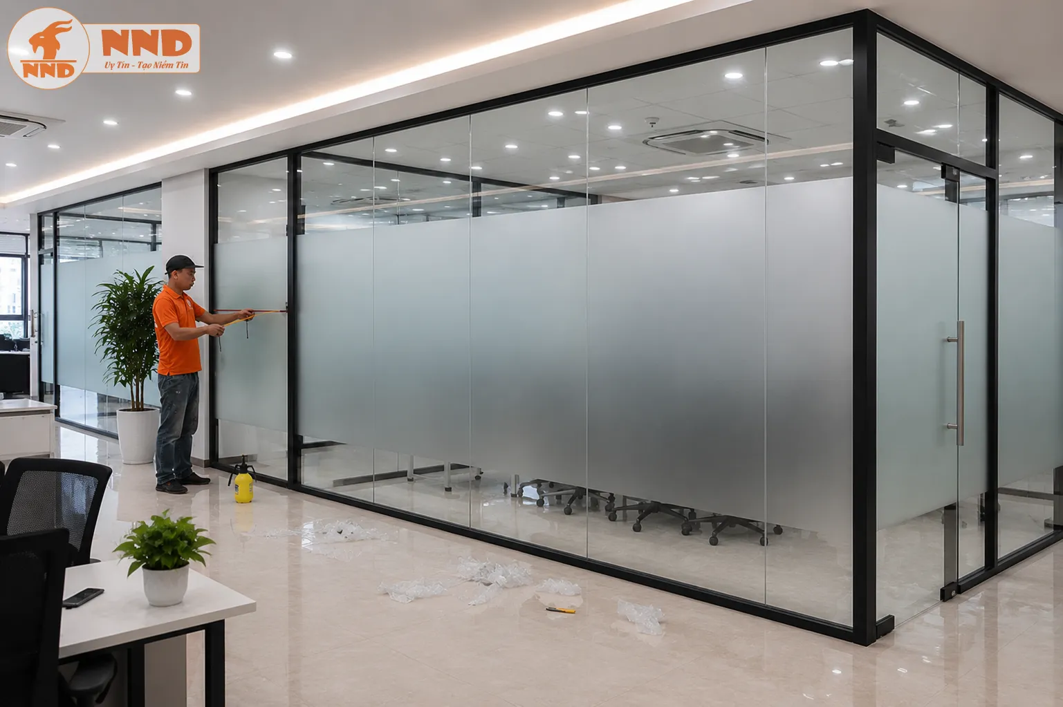 Mẫu decal mờ trơn dán full vách kính lớn tạo nên vẻ đẹp đồng bộ, che khuyết điểm và mang lại sự sang trọng, chỉn chu tuyệt đối cho văn phòng.