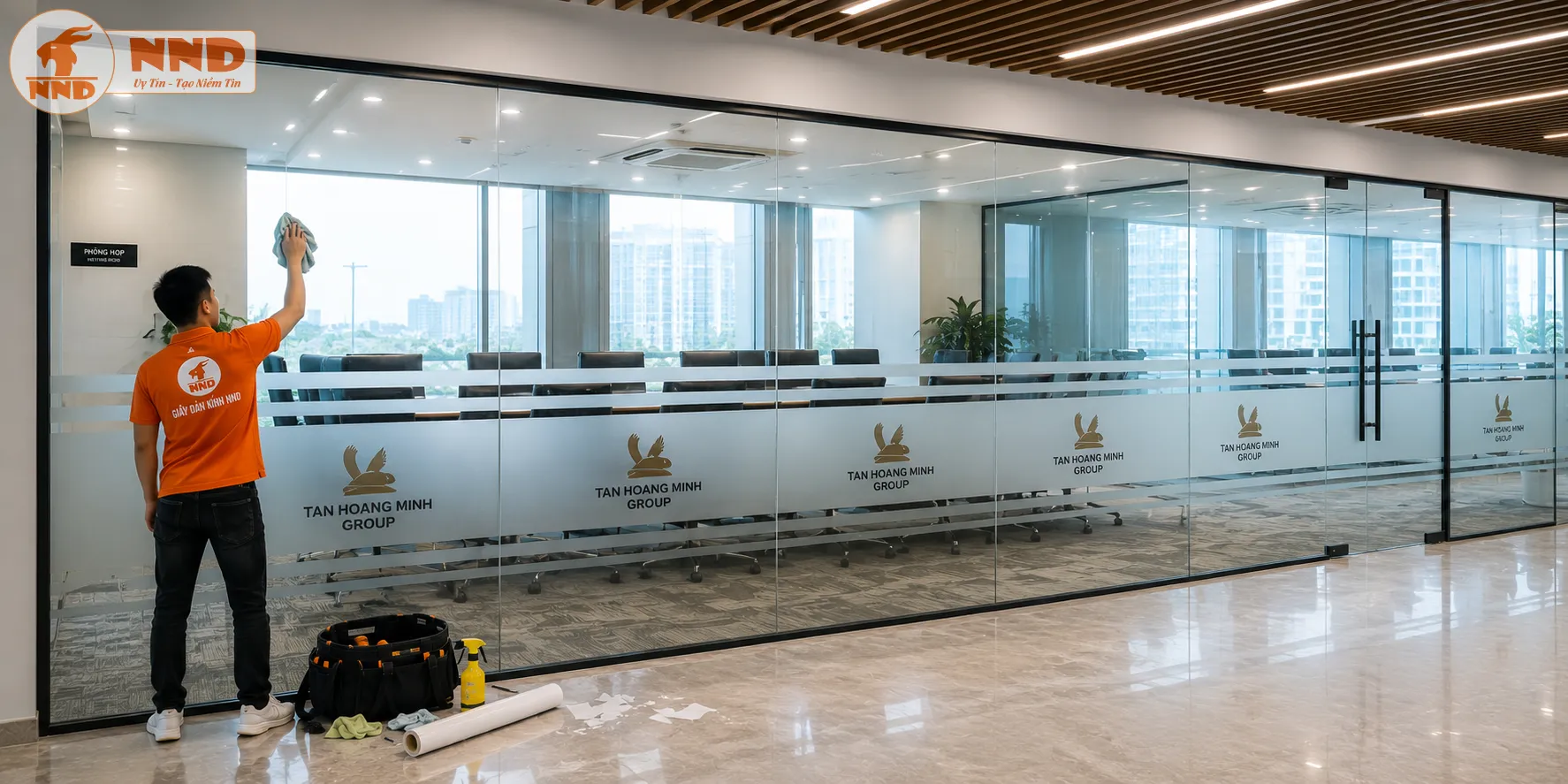 Thi công decal mờ in logo Tân Hoàng Minh Group trên vách kính phòng họp, tạo sự riêng tư, sang trọng và đồng bộ với thiết kế nội thất doanh nghiệp.