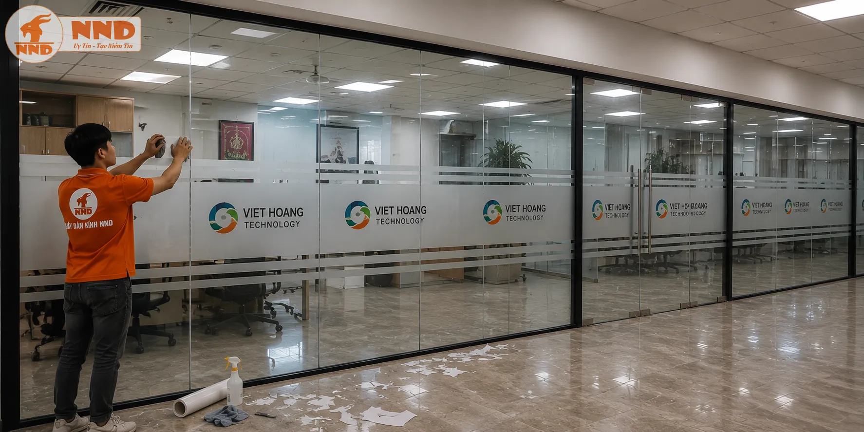 Mẫu decal mờ in logo Việt Hoàng Technology trên vách kính văn phòng, giúp không gian trở nên chuyên nghiệp hơn đồng thời tạo dấu ấn thương hiệu rõ ràng.