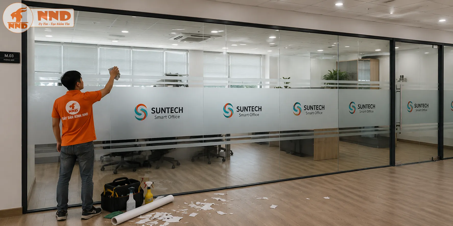 Thi công decal mờ in logo Suntech Smart Office trên kính cường lực, mang lại sự riêng tư cần thiết nhưng vẫn giữ được cảm giác rộng rãi và sáng thoáng.