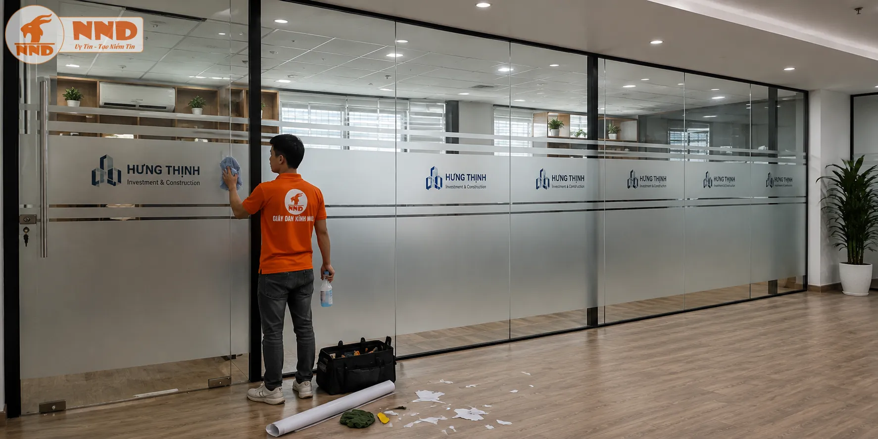 Thi công decal mờ in logo Hưng Thịnh Investment & Construction trên vách kính, góp phần nâng cao hình ảnh thương hiệu và tăng tính thẩm mỹ cho văn phòng.