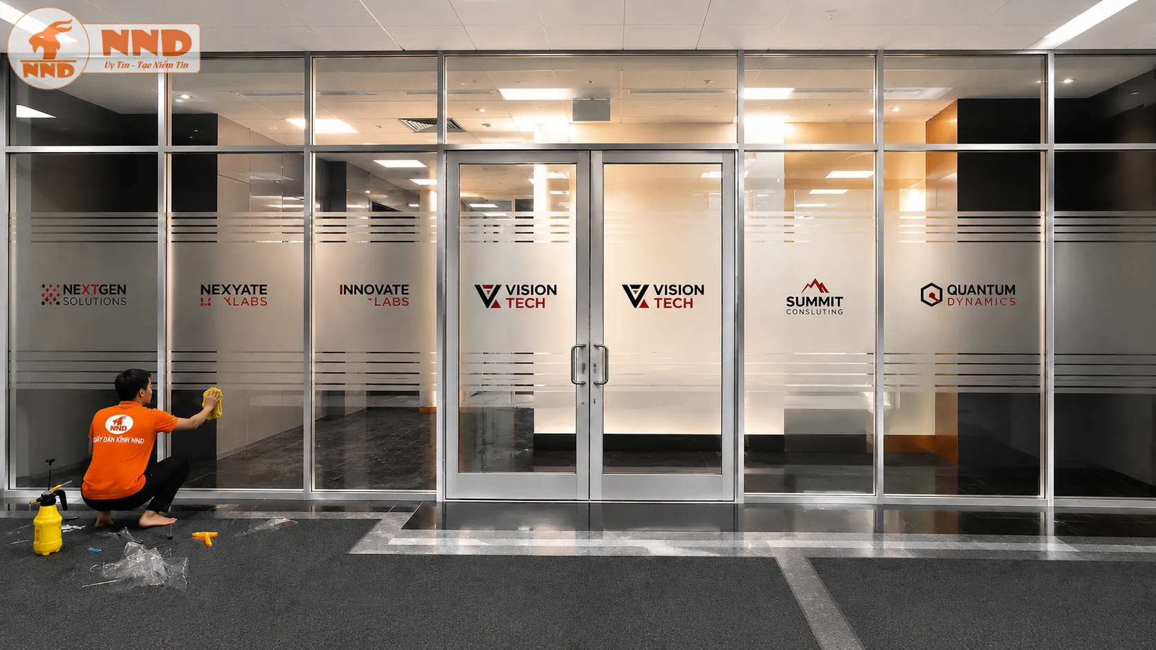 Thi công decal mờ in logo Vision Tech trên cửa kính văn phòng. Giải pháp vừa che tầm nhìn hiệu quả vừa tạo hình ảnh doanh nghiệp hiện đại và chuyên nghiệp.