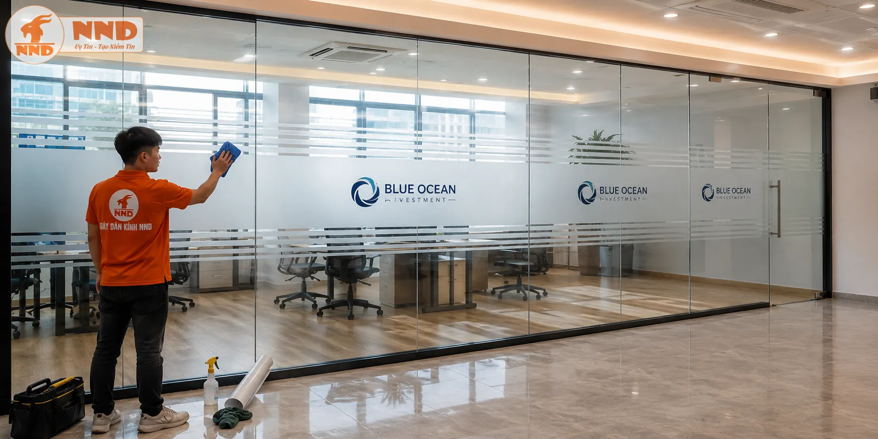 Mẫu decal mờ in logo Blue Ocean Investment trên hệ kính văn phòng với phong cách tối giản, giúp nhận diện thương hiệu rõ ràng và tạo cảm giác chuyên nghiệp.