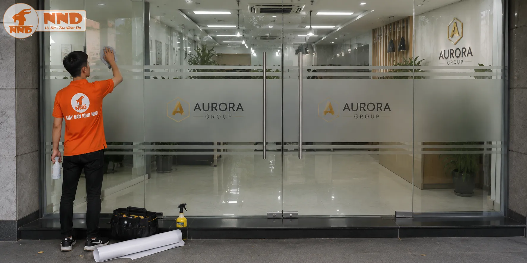 Thi công decal mờ dán kính cửa ra vào kết hợp in logo Aurora Group, tạo điểm nhấn sang trọng và mang lại sự riêng tư cho khu vực lễ tân.