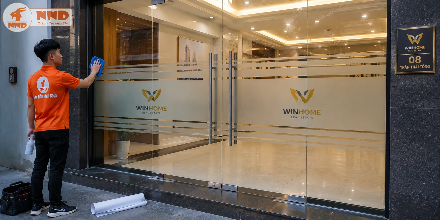 Thi công decal mờ in logo WinHome Real Estate trên cửa kính mặt tiền, giúp tăng tính nhận diện thương hiệu và tạo ấn tượng chuyên nghiệp với khách hàng.