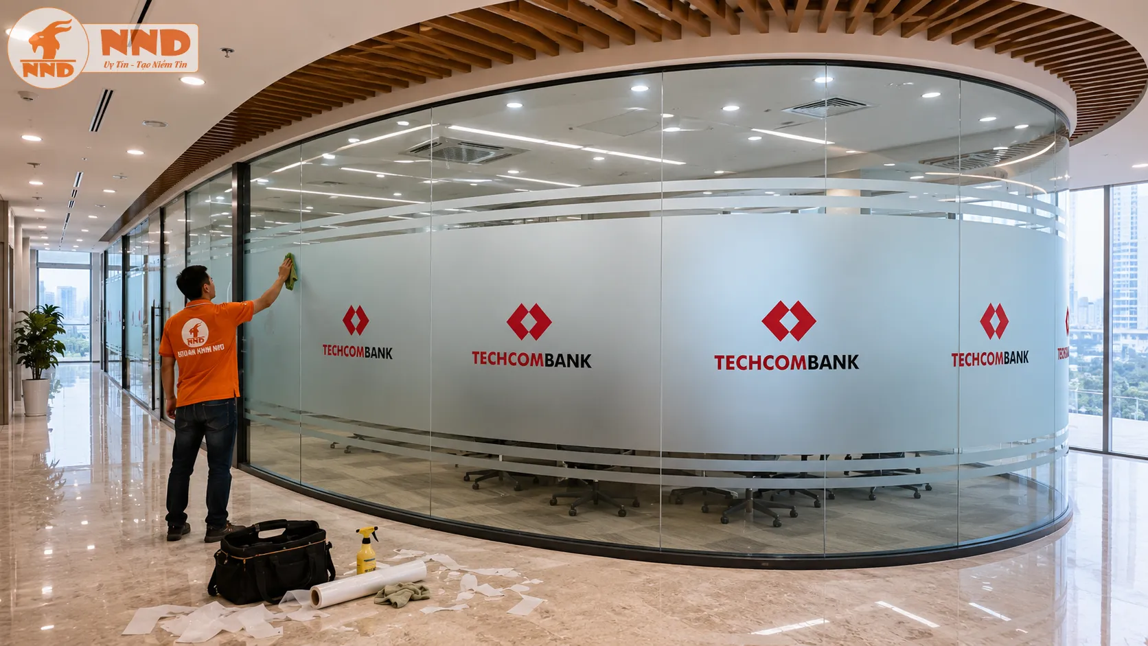 Mẫu decal mờ in logo Techcombank trên vách kính cong, kết hợp các đường chỉ ngang tạo điểm nhấn tinh tế, phù hợp với văn phòng và phòng họp cao cấp.