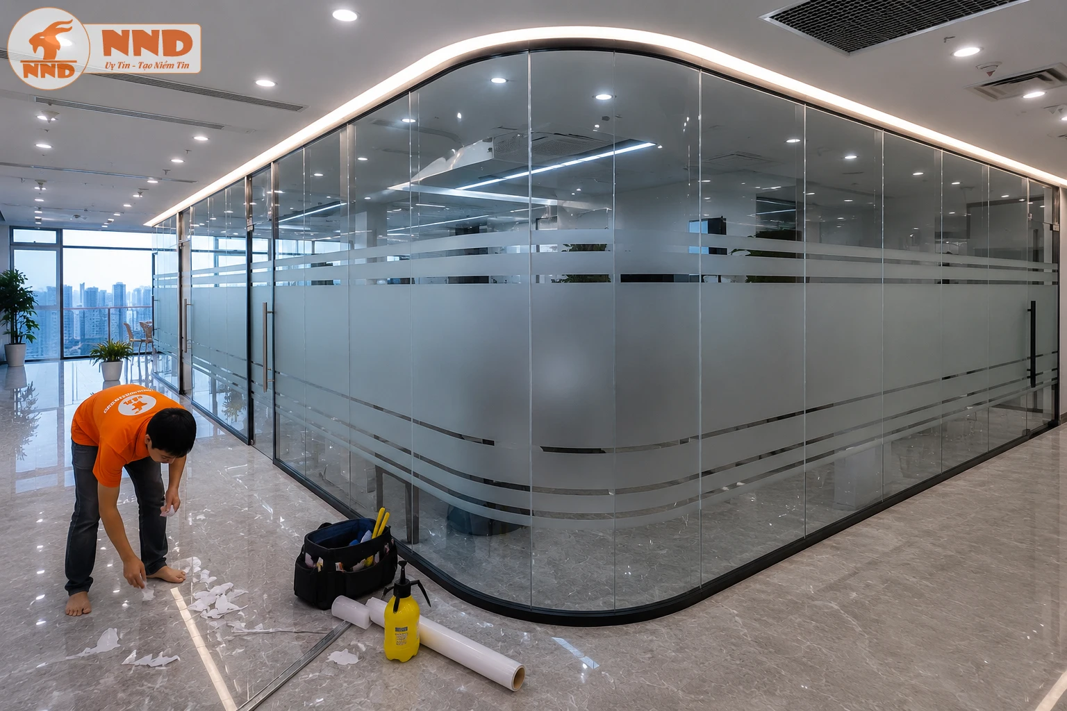 Mẫu decal mờ kẻ chỉ được thi công trên hệ vách kính cong, tạo nên tổng thể hiện đại và sang trọng cho khu vực văn phòng. Phần decal mờ che phủ khoảng giữa giúp tăng sự riêng tư, trong khi các đường chỉ ngang ở phía trên và phía dưới tạo điểm nhấn tinh tế, giúp vách kính bớt đơn điệu. Kiểu dán này đặc biệt phù hợp với văn phòng mở, phòng họp hoặc khu vực lễ tân, vừa giữ được ánh sáng tự nhiên vừa mang đến cảm giác chuyên nghiệp và cao cấp.