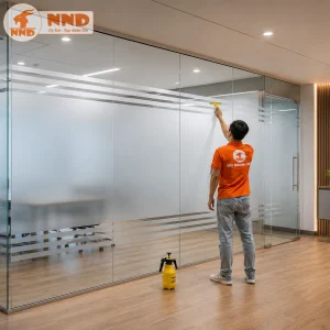 Kiểu dán decal mờ kết hợp đường chỉ ngang giúp không gian làm việc kín đáo hơn nhưng vẫn thông thoáng. Phù hợp với cửa kính văn phòng và phòng họp.