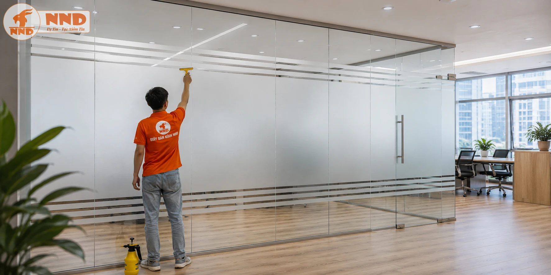 Mẫu decal mờ kẻ chỉ dành cho vách kính văn phòng với phong cách tối giản, tập trung vào sự gọn gàng và hiện đại. Các đường chỉ mảnh chạy song song giúp tạo chiều sâu cho bề mặt kính, đồng thời tăng tính nhận diện của hệ vách kính. Mẫu này phù hợp với doanh nghiệp muốn tạo hình ảnh chuyên nghiệp mà không quá cầu kỳ.