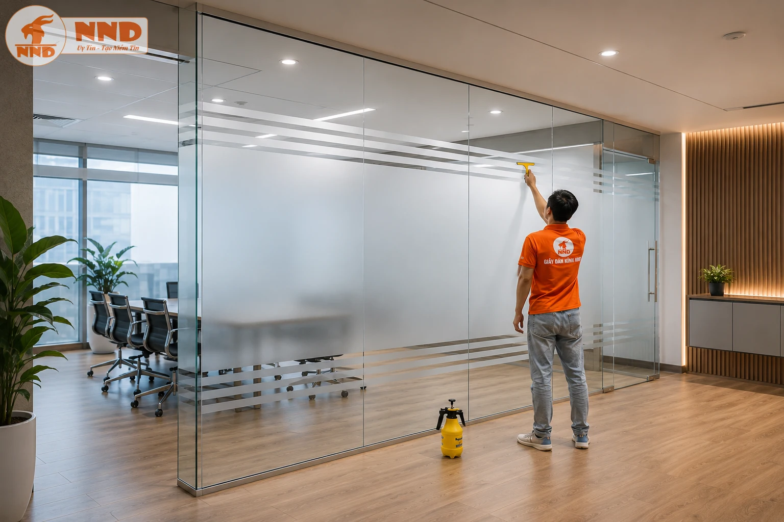 Thiết kế decal mờ kết hợp ba đường chỉ phía trên và bốn đường chỉ phía dưới mang phong cách tối giản nhưng vẫn rất nổi bật. Dải decal mờ rộng tạo không gian riêng tư cho phòng họp mà không gây cảm giác bí bách. Đây là mẫu được nhiều doanh nghiệp lựa chọn nhờ khả năng che tầm nhìn hiệu quả, tăng tính thẩm mỹ và tạo dấu ấn hiện đại cho văn phòng.
