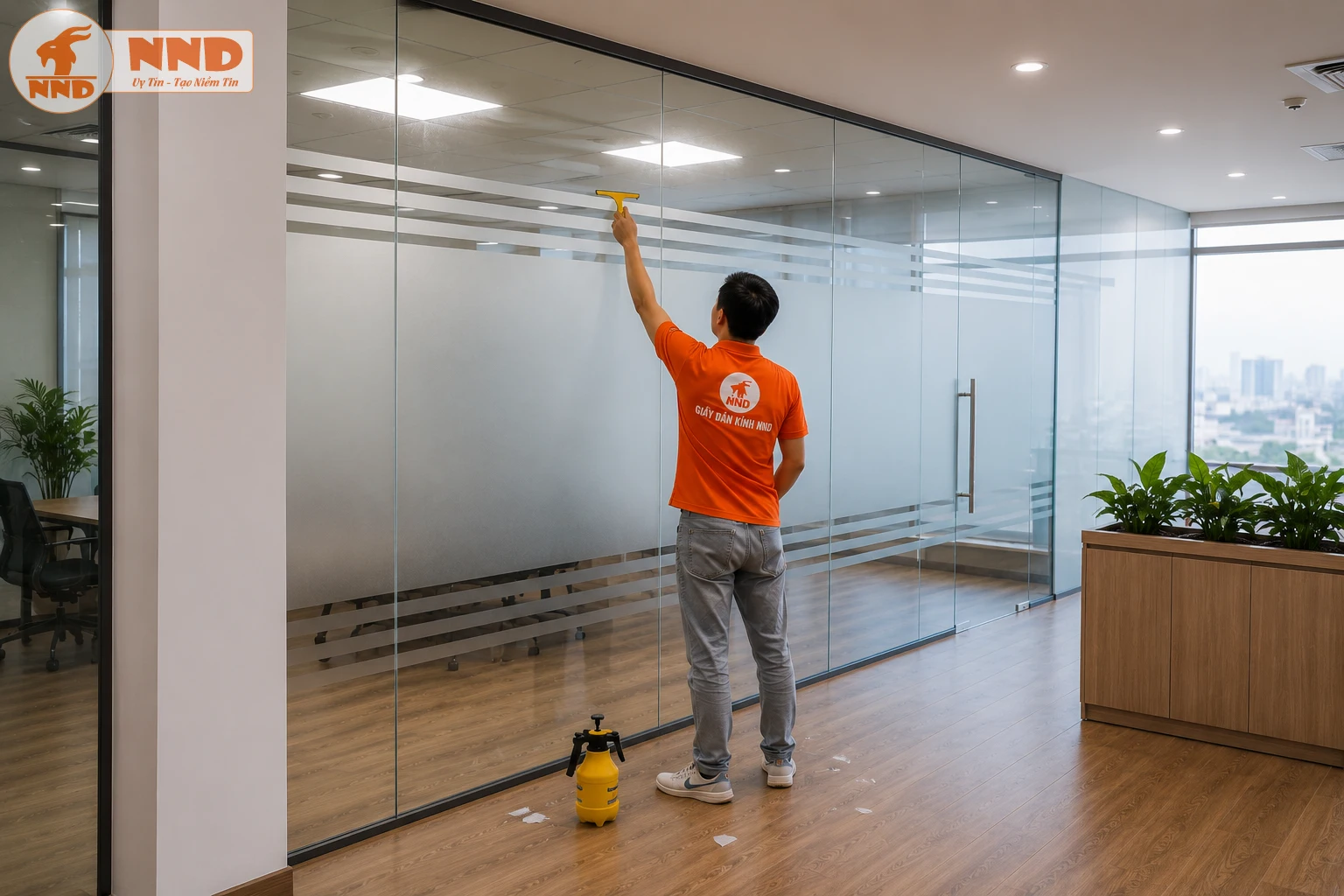 Mẫu decal mờ kẻ chỉ này phù hợp với các vách kính văn phòng có chiều dài lớn. Những đường chỉ ngang được bố trí cân đối giúp giảm cảm giác nặng nề của mảng decal mờ, đồng thời tạo hiệu ứng kéo dài không gian. Đây là giải pháp lý tưởng cho phòng họp, khu làm việc hoặc văn phòng cần sự riêng tư nhưng vẫn muốn giữ sự thông thoáng.