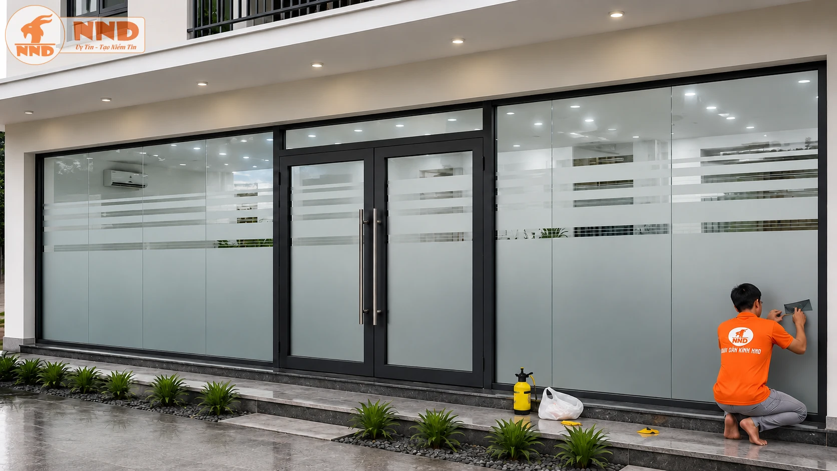 Đây là mẫu decal mờ dành cho cửa kính mặt tiền với thiết kế đơn giản nhưng tinh tế. Phần mờ được dán ở tầm mắt giúp hạn chế nhìn trực diện từ bên ngoài, trong khi các đường chỉ ngang tạo điểm nhấn và đóng vai trò cảnh báo cửa kính trong suốt. Mẫu này rất phù hợp cho showroom, cửa hàng, spa, phòng khám hoặc văn phòng giao dịch.