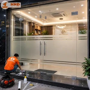 Mẫu decal mờ cho cửa kính mặt tiền tạo sự riêng tư vừa đủ mà vẫn giữ được vẻ sang trọng. Các đường chỉ ngang còn giúp tăng tính an toàn khi sử dụng cửa kính.