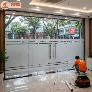 Thiết kế decal mờ dành cho cửa kính văn phòng với các đường chỉ thanh mảnh tạo điểm nhấn nhẹ nhàng. Phù hợp cho showroom, văn phòng và phòng giao dịch.